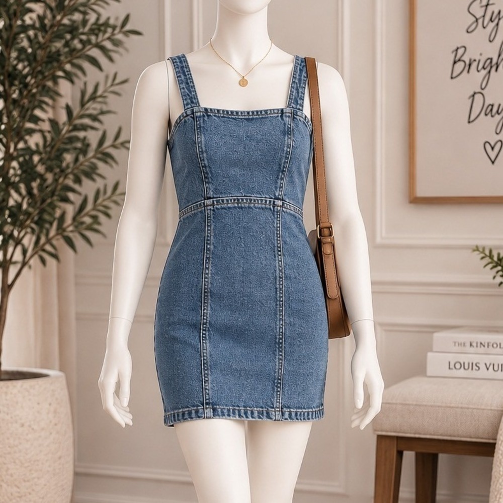 Zara Womens Denim Mini Dress Open Back Blue Jean Bodycon Size Extra Small
